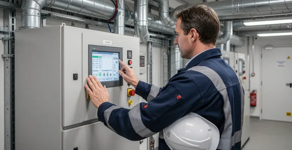 Responsable HSE vérifiant les paramètres d'une installation de filtration