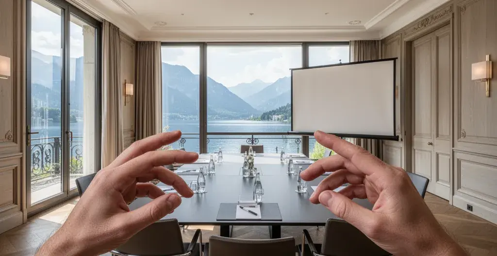 Salle de réunion moderne pour séminaire avec baies vitrées vue lac d'Annecy
