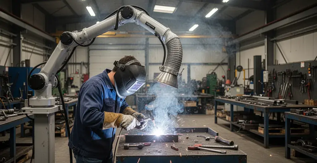 Soudeur au travail avec système d'extraction localisée captant les fumées