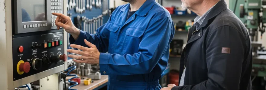 Technicien spécialisé présentant équipement professionnel à gérant entreprise BTP