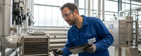 Technicien inspectant équipement de récupération de chaleur dans une usine moderne