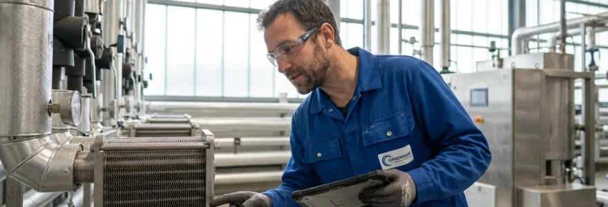 Technicien inspectant équipement de récupération de chaleur dans une usine moderne