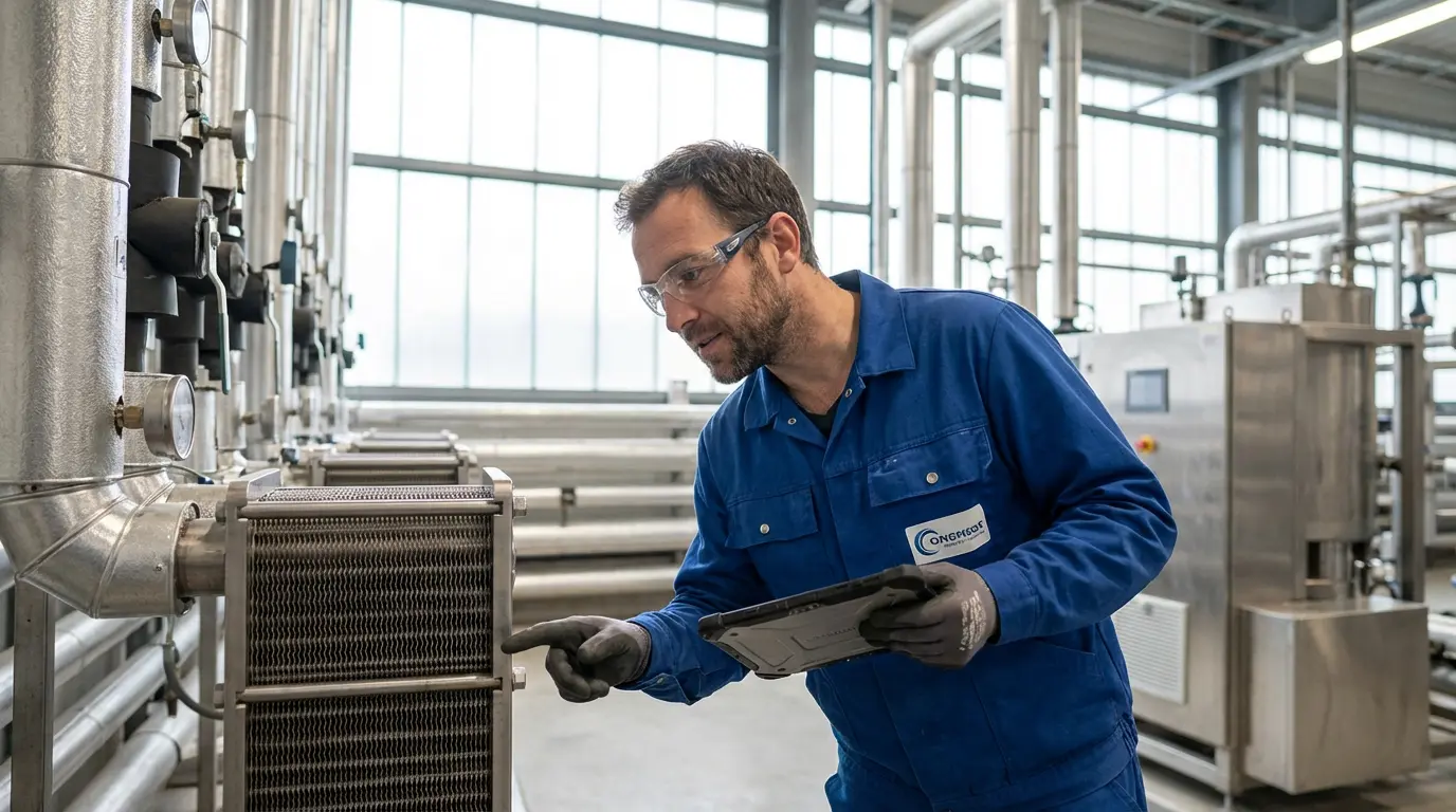 Technicien inspectant équipement de récupération de chaleur dans une usine moderne