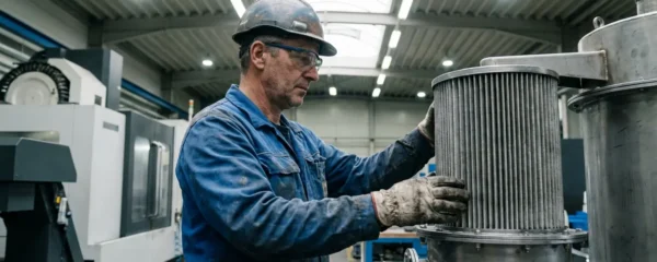 Technicien inspectant un système de filtration industriel dans un atelier de production