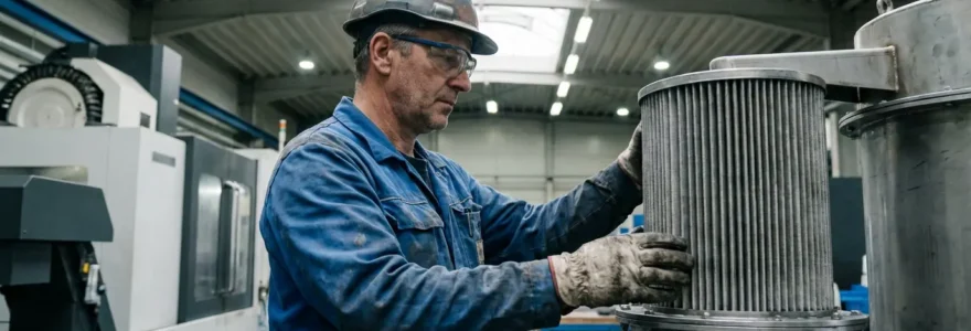 Technicien inspectant un système de filtration industriel dans un atelier de production