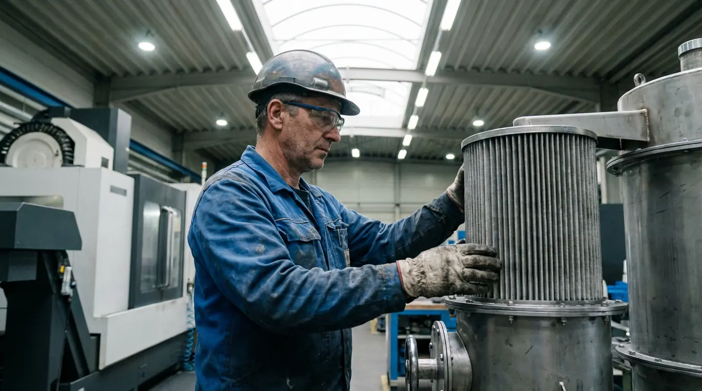 Technicien inspectant un système de filtration industriel dans un atelier de production