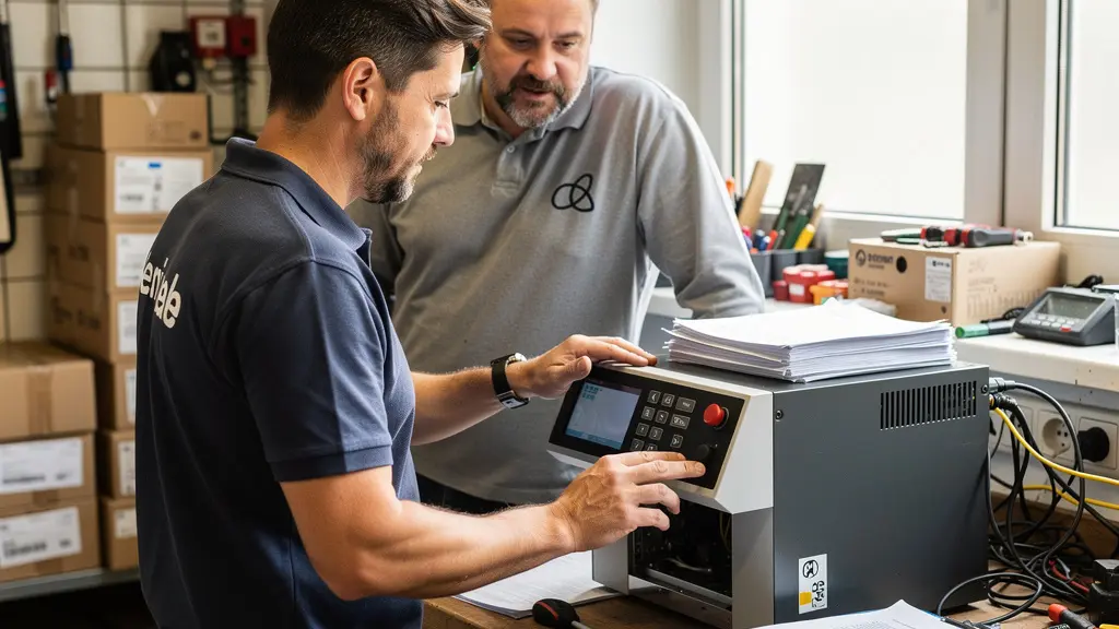 Technicien livrant et installant équipement professionnel chez client