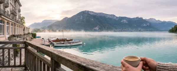 Vue panoramique du lac d'Annecy avec terrasse d'hôtel séminaire et montagnes alpines