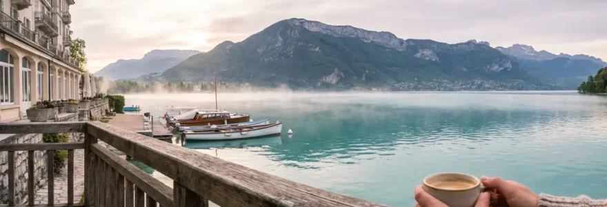 Vue panoramique du lac d'Annecy avec terrasse d'hôtel séminaire et montagnes alpines