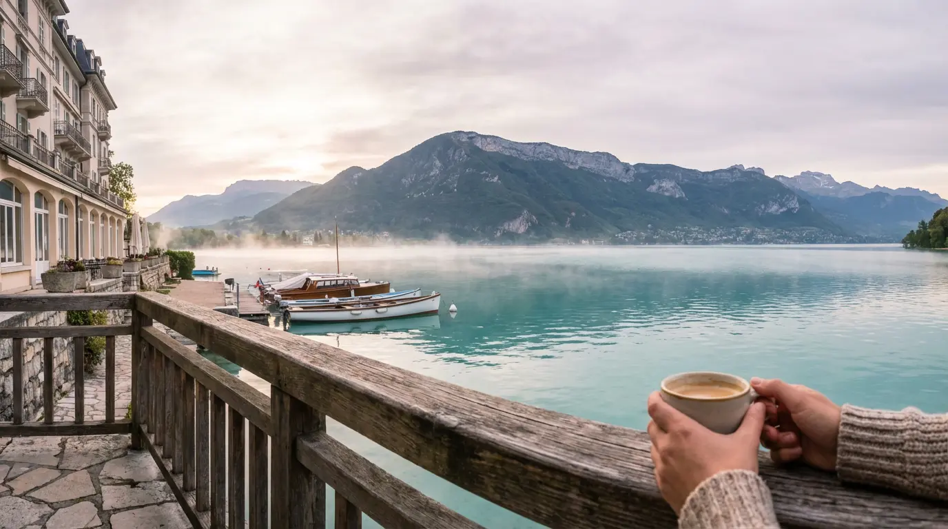 Vue panoramique du lac d'Annecy avec terrasse d'hôtel séminaire et montagnes alpines
