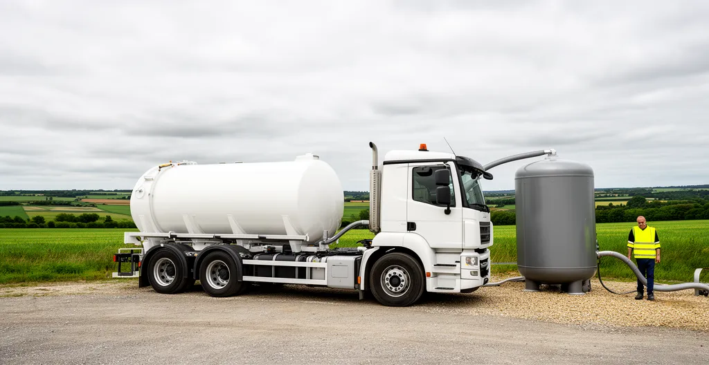 Camion-citerne de livraison de gaz propane stationné près d'une citerne sur un site professionnel rural