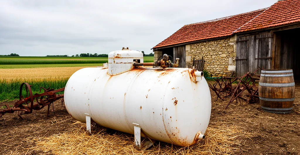 Citerne propane blanche dans un environnement agricole professionnel