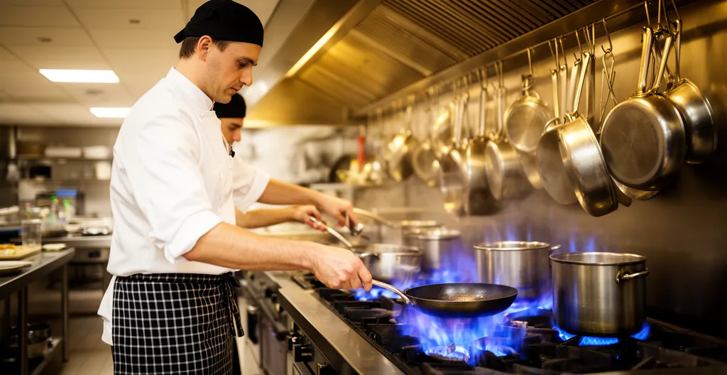 Cuisinier professionnel travaillant devant un équipement de cuisson au gaz propane dans une cuisine de restaurant