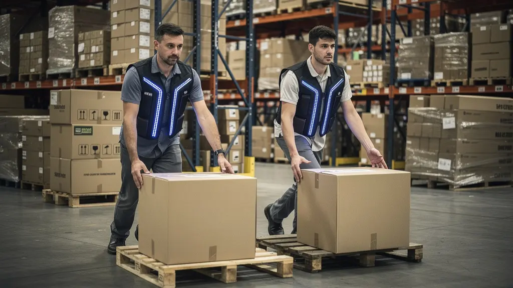 Préparateurs de commandes portant des vestes techniques rafraîchissantes en entrepôt logistique