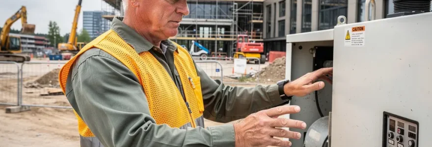 Travailleur BTP portant une veste haute visibilité rafraîchissante sur chantier extérieur
