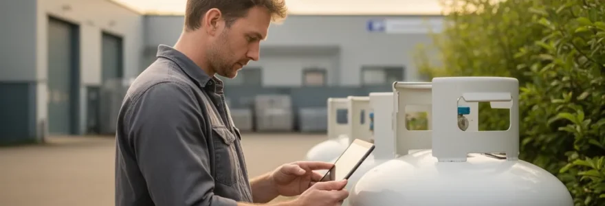 Technicien inspectant une citerne de gaz propane dans une cour d'entreprise pour assurer la continuité d'activité