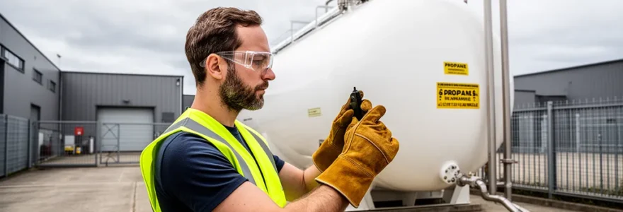 Technicien inspectant une citerne propane dans une cour d'entreprise industrielle