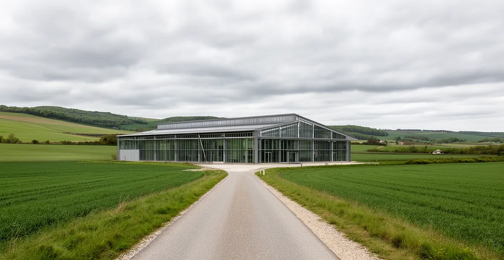 Bâtiment industriel isolé en zone rurale française sans raccordement au réseau de gaz naturel