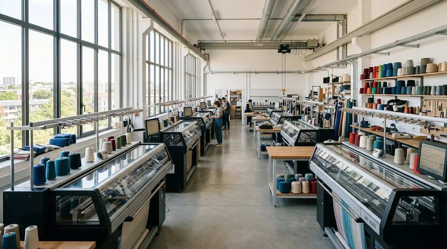 Intérieur d'un atelier de tricotage textile français contemporain avec machines à tricoter modernes et lumière naturelle traversant de grandes fenêtres