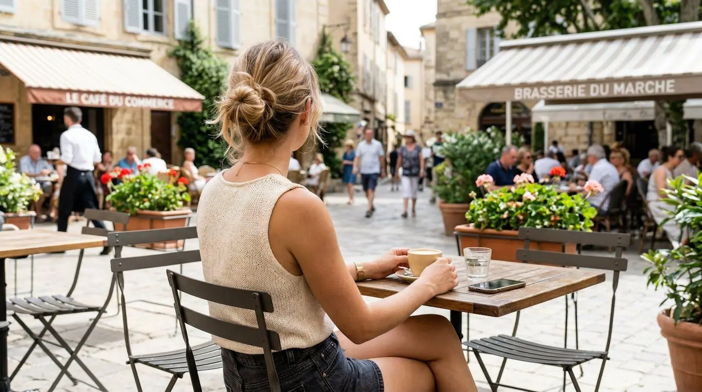 Une femme de dos portant un pull en maille fine de couleur claire profite d'une terrasse ensoleillée en France lors d'une journée d'été