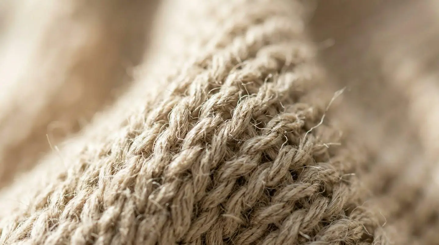 Gros plan extrême sur la texture d'une maille en lin naturel de couleur beige révélant la structure détaillée des fibres végétales