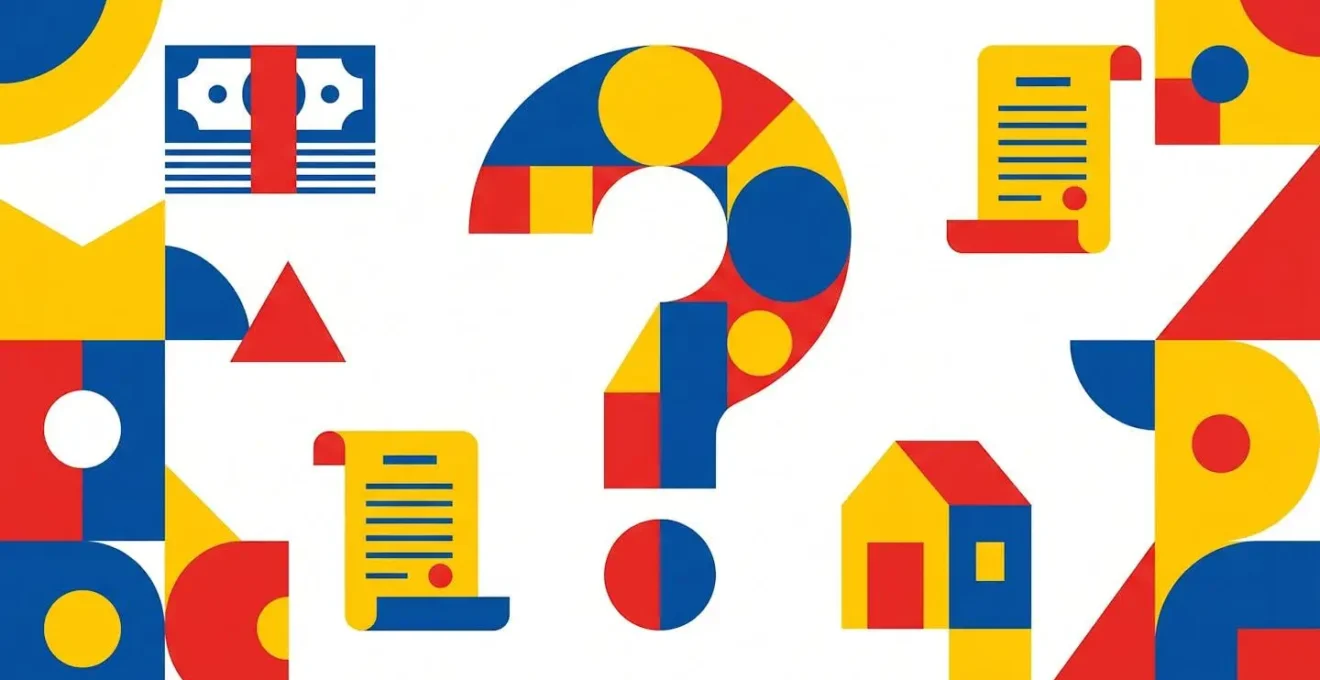 Composition abstraite avec un point d'interrogation géométrique au centre, symbolisant les questions sur le financement.