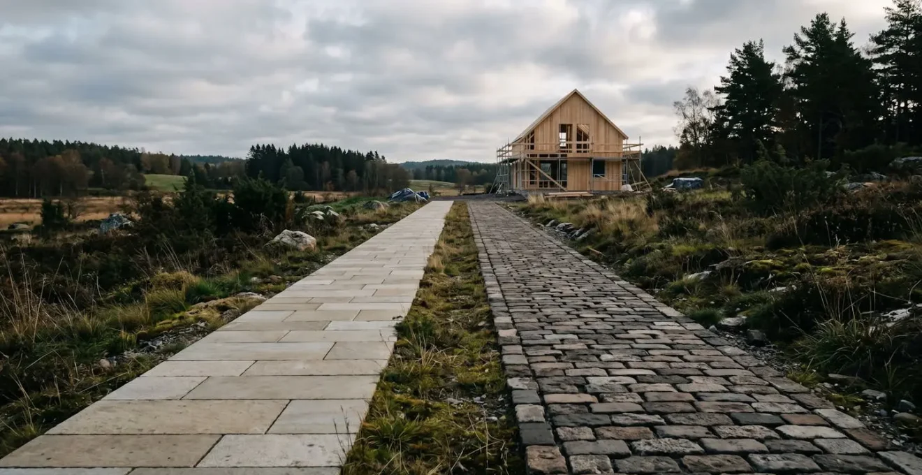 Deux chemins divergents menant à une maison en construction, symbolisant le choix entre deux types de prêt.