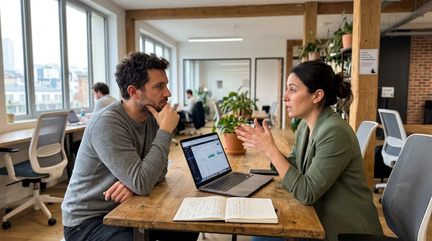 Deux professionnels échangeant dans un bureau contemporain, l'un écoutant attentivement pendant que l'autre s'exprime naturellement, ordinateur portable et notes manuscrites sur la table