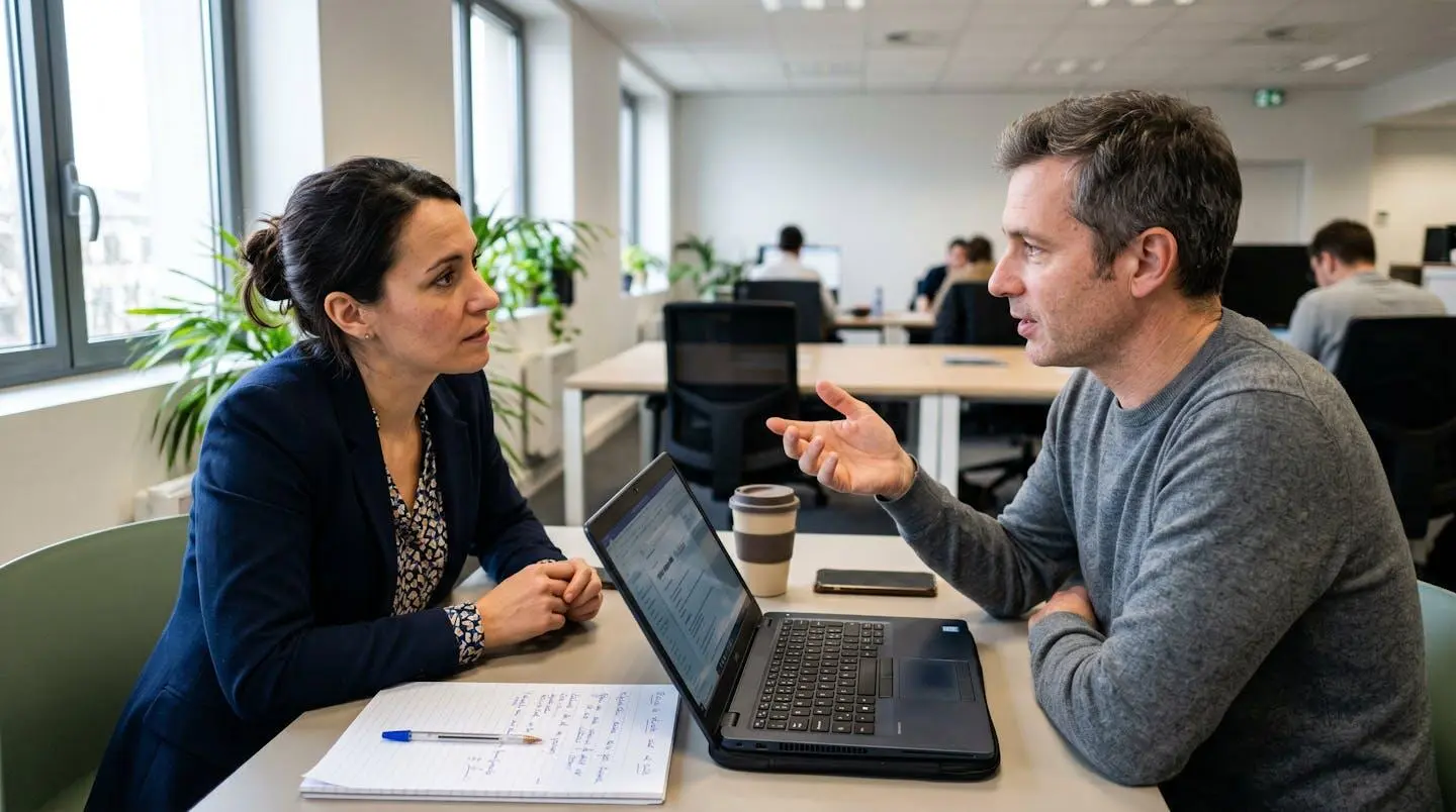 Deux professionnels échangeant dans un bureau contemporain, l'un écoutant attentivement pendant que l'autre s'exprime naturellement, ordinateur portable et notes manuscrites sur la table