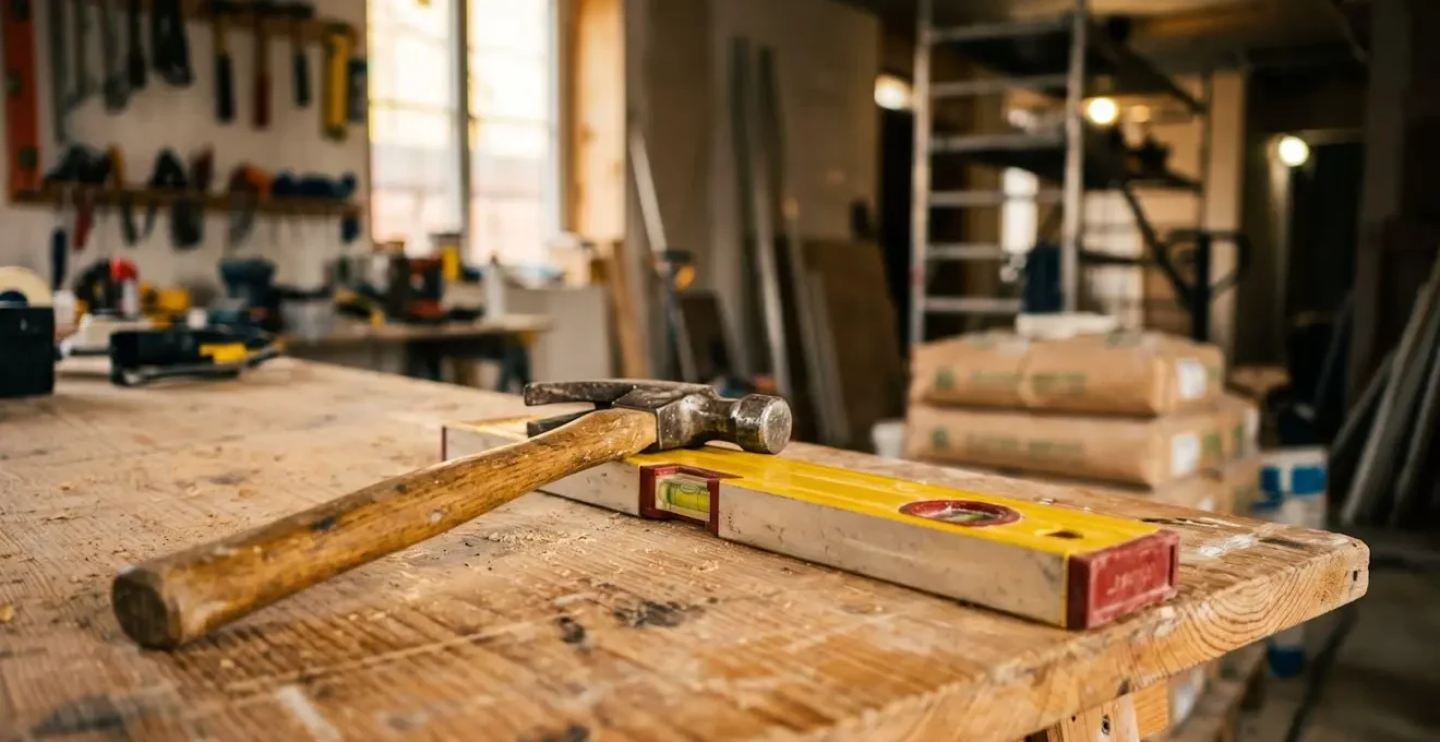 Marteau et niveau à bulle sur une surface en bois, arrière-plan de chantier flou.