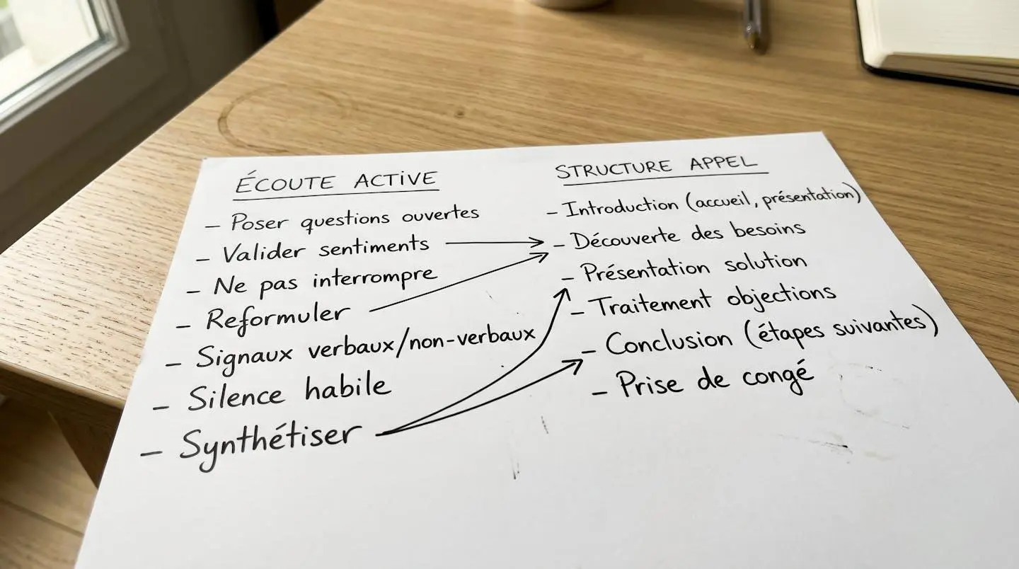 Gros plan sur des notes manuscrites montrant deux colonnes 'Écoute Active' et 'Structure Appel' reliées par des flèches dessinées à la main sur papier blanc