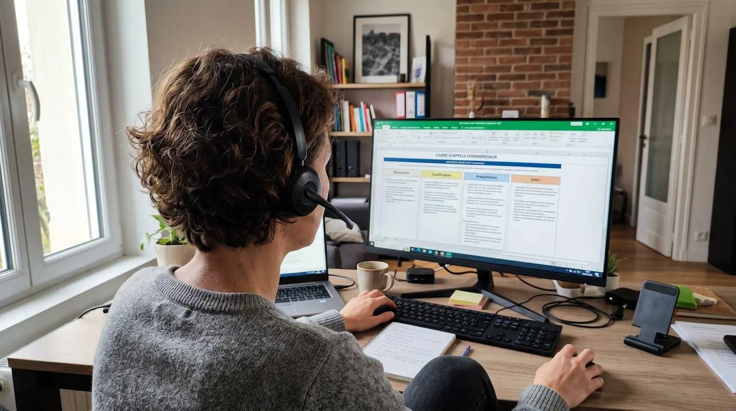 Professionnel de dos portant un casque audio, consultant sur son écran une trame d'appel structurée avec sections visibles, notes manuscrites à côté du clavier
