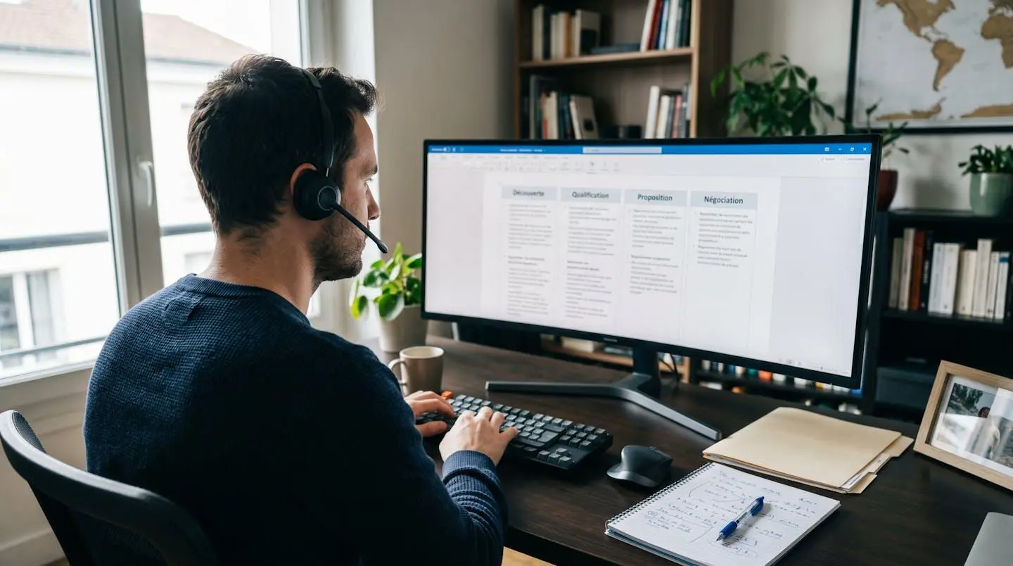 Professionnel de dos portant un casque audio, consultant sur son écran une trame d'appel structurée avec sections visibles, notes manuscrites à côté du clavier