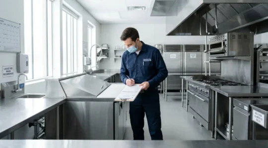 Technicien certifié en uniforme professionnel effectuant une inspection préventive dans une cuisine commerciale moderne avec documentation sur clipboard, environnement stainless steel propre et organisé