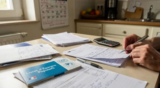 Personne assise à une table de cuisine organisant des documents bancaires incluant un livret d'épargne populaire, des relevés et un calendrier avec des dates entourées, en train de planifier des versements