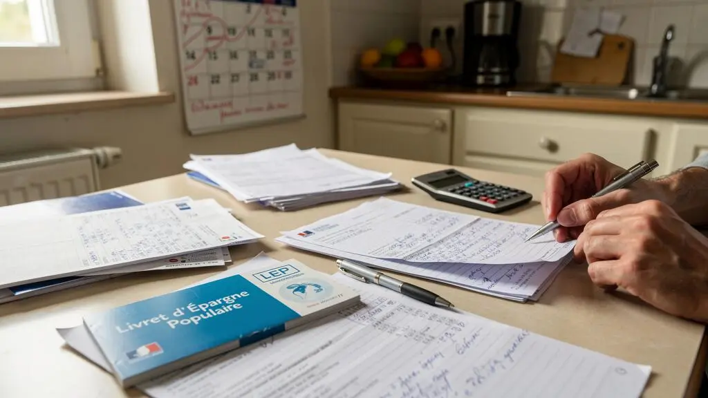 Personne assise à une table de cuisine organisant des documents bancaires incluant un livret d'épargne populaire, des relevés et un calendrier avec des dates entourées, en train de planifier des versements