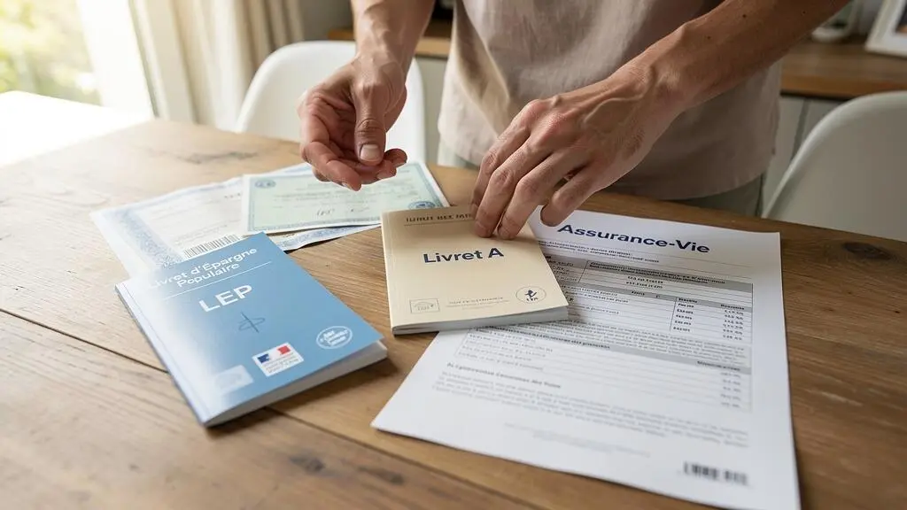 Personne debout organisant sur une table plusieurs documents d'épargne français incluant un livret d'épargne populaire, un livret A et des documents d'assurance-vie, en train de les comparer