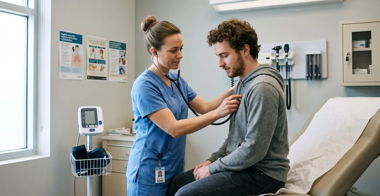 Professionnel de santé examinant un patient dans une salle de consultation d'une clinique médicale canadienne moderne