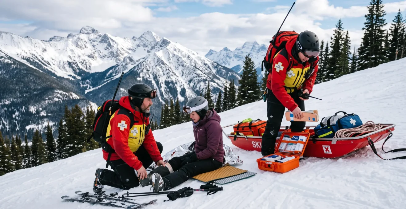 Patrouille de ski portant secours à un skieur blessé sur une pente enneigée dans les Rocheuses canadiennes