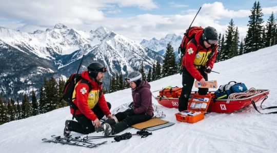 Patrouille de ski portant secours à un skieur blessé sur une pente enneigée dans les Rocheuses canadiennes