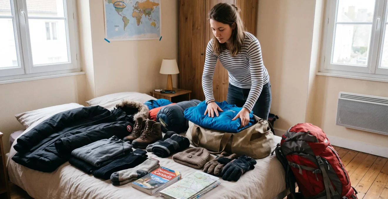 Jeune adulte préparant et organisant son équipement d'hiver et vêtements outdoor pour un départ en PVT au Canada