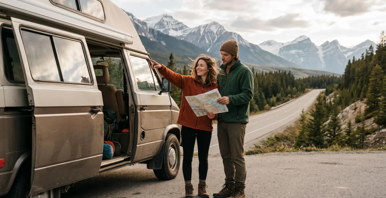 Deux voyageurs consultant une carte routière près de leur camping-car lors d'un road trip dans les Rocheuses canadiennes