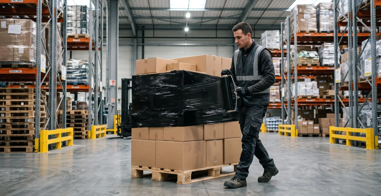 Un opérateur d'entrepôt enlogement une palette de cartons avec un film étirable noir opaque à l'aide d'un distributeur manuel.
