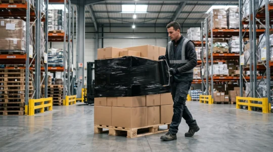Un opérateur d'entrepôt enlogement une palette de cartons avec un film étirable noir opaque à l'aide d'un distributeur manuel.